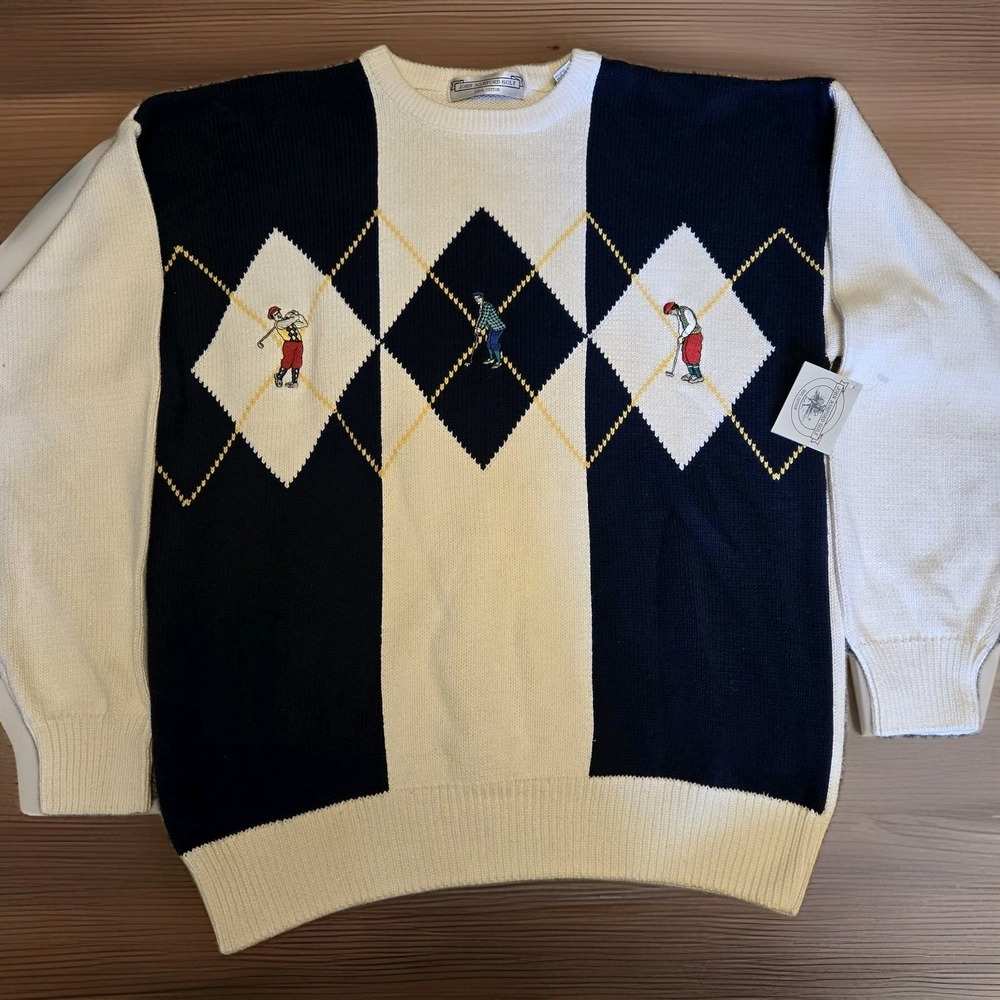 John Ashford VTG NWT cotton Golf Sweater Embroidered Unique Chunky Argyle Golfer